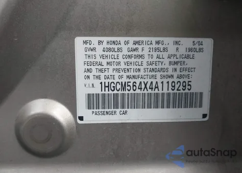 2004 Honda Accord 2.4 Lx from USA, damaged, VIN 1HGCM564X4A119295
